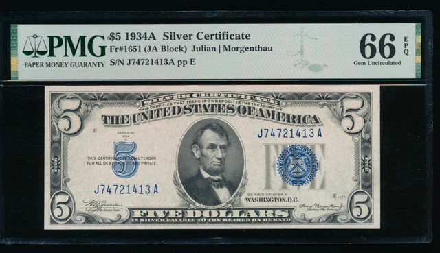 AC 1934A $5 Silver Certificate PMG 66 EPQ J-A block Fr 1651