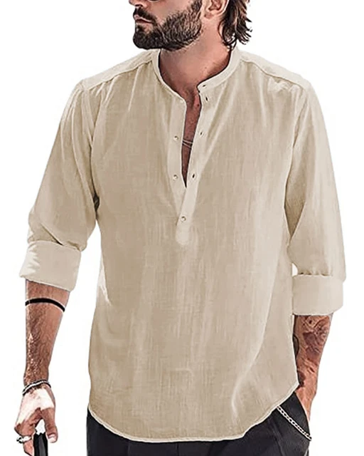 Enlision Chemise Lin Homme Manches Courtes Henley Col Mao – Été Respirant Coton Lin Solide S-4XL