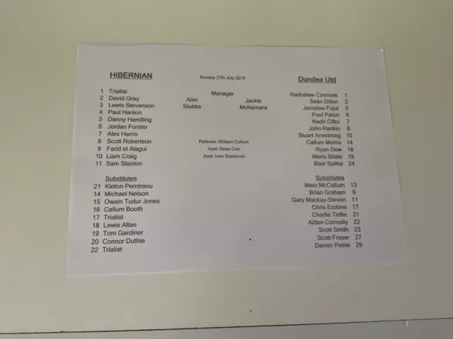 Hibernian Hibs v Dundee United July 2014 Team Sheet.