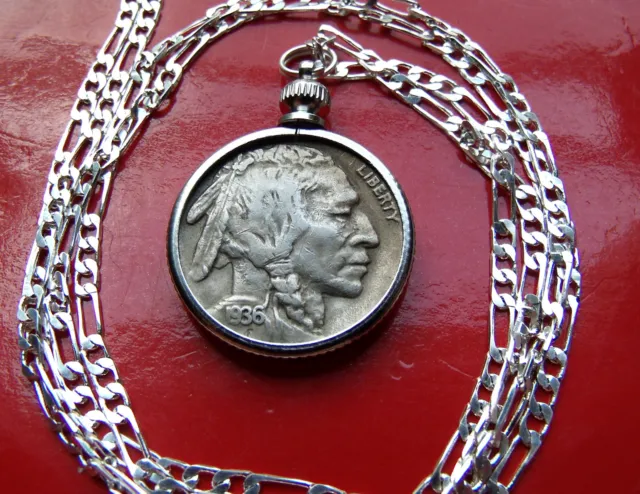 Rare Full Horn 1936 US  Buffalo Nickel Pendant  22" .925 Silver Chain