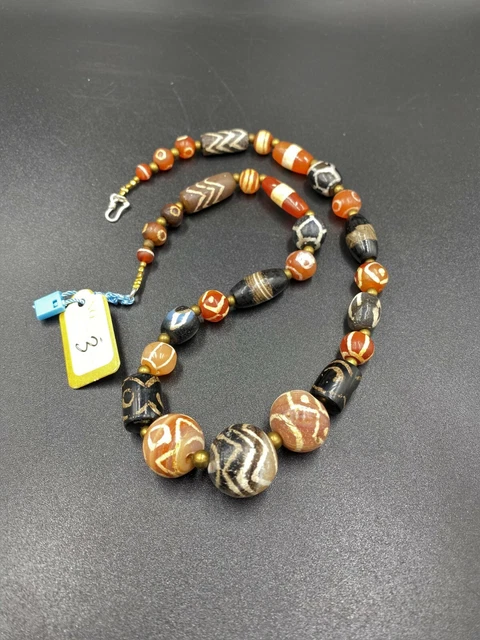 Etch carnelian  and Agate beads Antique Himalayan 9