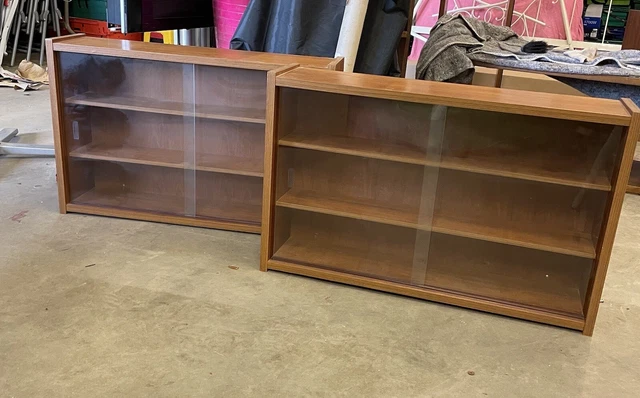 Pair of Mid Century Teak Wood 3 Shelves Bookcase with Glass Sliding Doors