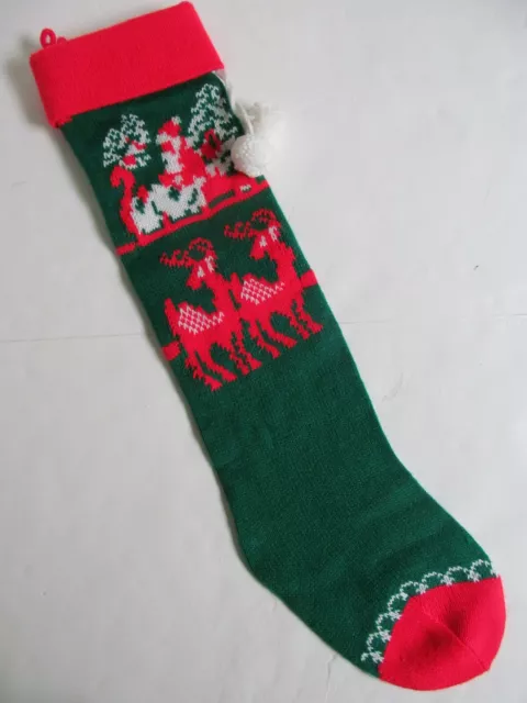 Vintage 1970s Christmas Machine Knit Stocking Santa in Sleigh & Reindeer Yarn C3