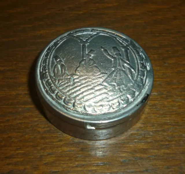 South American Silver Pill Box, Figure Decoration, Early to Mid 20th Century