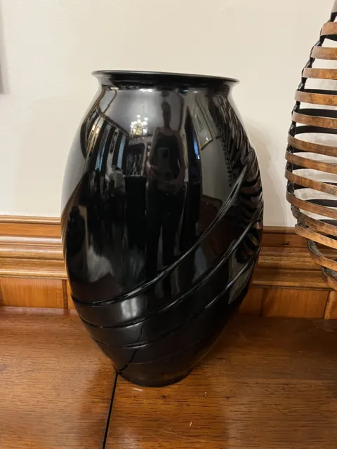 Vintage Art Nouveau Draped Black Modernist Glass Vase Revival 16”