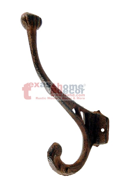 Cast Iron Double Hook Rustic Coat Hanger Key Holder Towel Hat Purse Ornate Metal