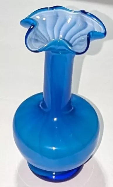 Vintage Art Glass Blue Ribbon Hand Blown Bud Vase Ruffled Edge Striped 6”