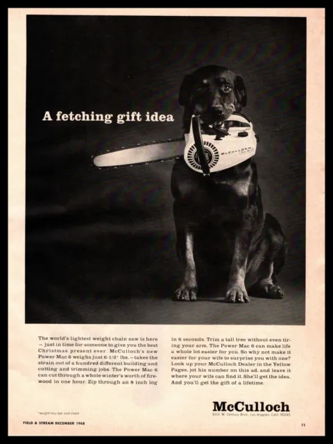 1968 McCulloch "Fetching Idea" Rottweiler Dog Chainsaw In Mouth Vintage Print Ad