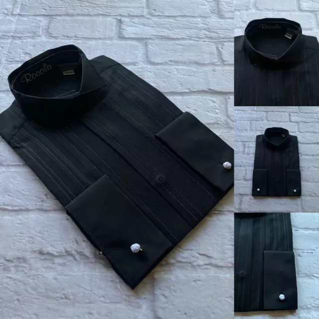 Rocola Evening Dress Shirt, Black/Silver Double Cuff, Wing Collar, BNWT