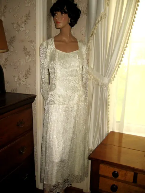 Lovely Vintage 1980 Ivory Lace/Glossy Satin Tea Length Gown Keyhole Back- Bridal