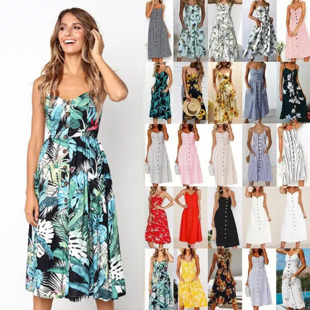 BOHO Ladies Womens Summer Beach Midi Dress Holiday Strappy Button Sun Dresses