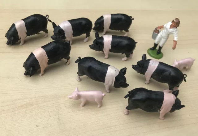 1960-70's Britains 1/328 Saddle Back Pigs & 2 unknown  Piglets & lady feeding