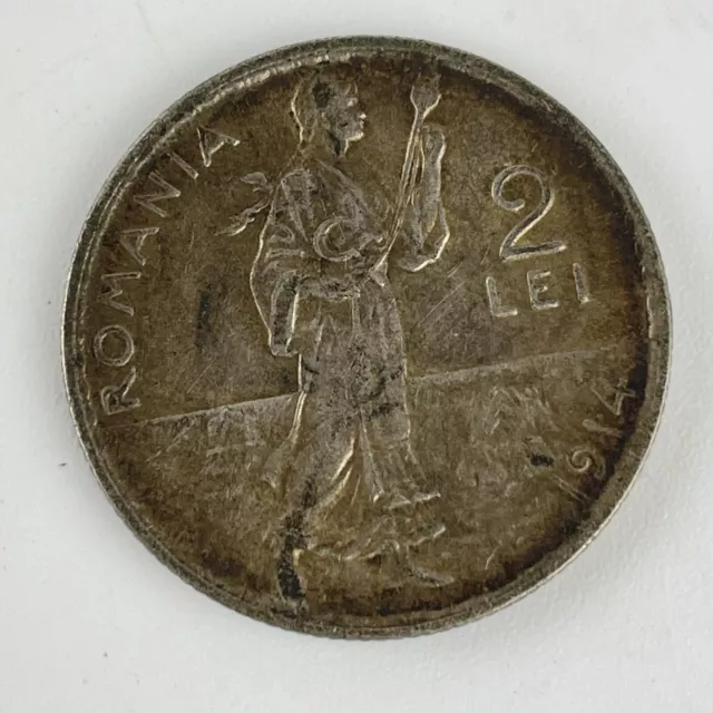 Romania 1914 2 Lei Silver Coin