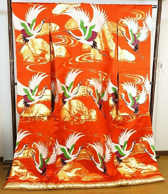 Japanese Kimono Uchikake Luxurious Wedding Pure Silk Crane Orang Gold K420