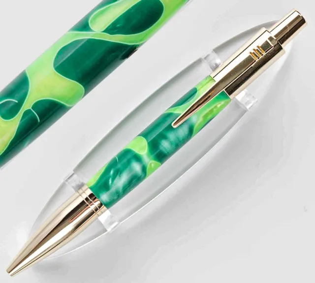 Hand Turned Click Top Ballpoint Pen, Acrylic Green Swirl Resin & Gold Trim