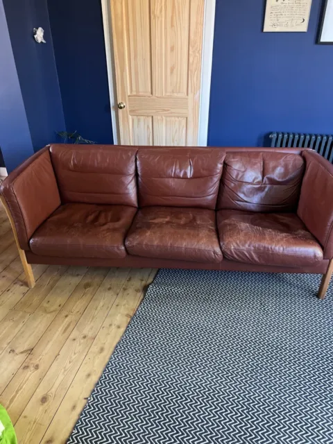 Mid Century Retro Vintage Danish Cognac Brown Leather 3 Seat Sofa. Stouby 