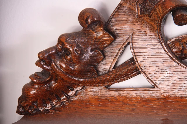 19C R.J. Horner Carved Oak Winged Cherub/Devil/Gargoyle/Satyr Pediment