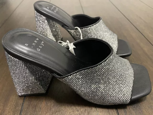 A New Day Women's Rhinestone Block Heeled Mule Shoes Silver Glitter Size 7