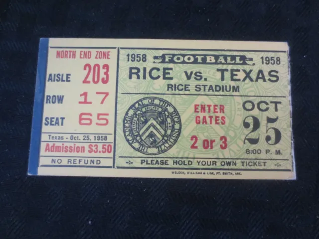 Texas Longhorns Football Ticket  VS Rice Owls Oct 25, 1958