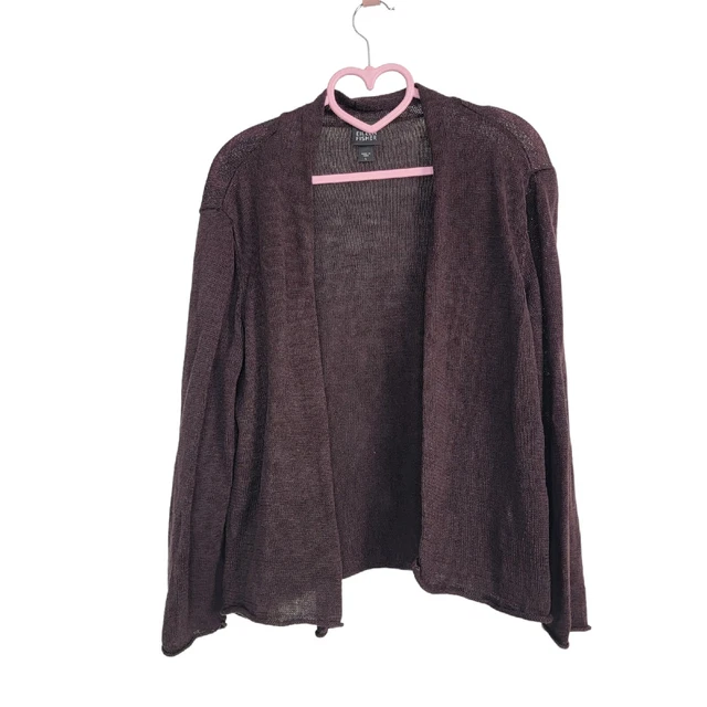 Eileen Fisher Womens Cardigan Sz Large Brown Linen Blend Loose Knit Open Front