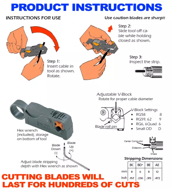 COAX CABLE STRIPPER TOOL 2 BLADE RG6, RG58, RG59 Dual/Quad Shield Coaxial Cable 3