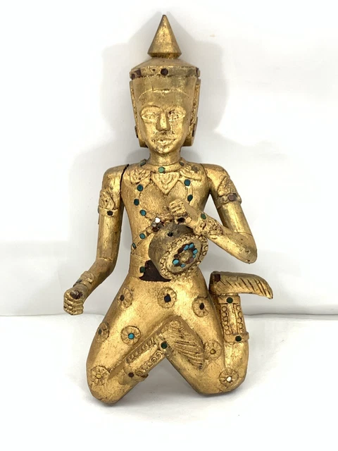 VTG Thai Siam Figure Asian Musician Wood Carved Giltwood Gold Gilt Wall Hanging