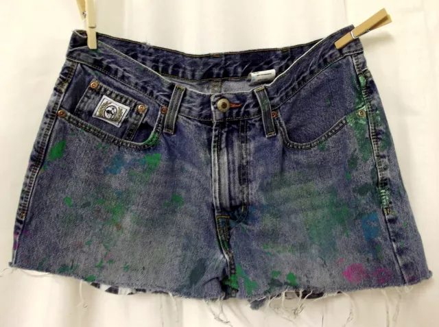 Distressed Jean Shorts Cinch OOAK Cut Offs Denim Paint 10 12 Indie Cowgirl