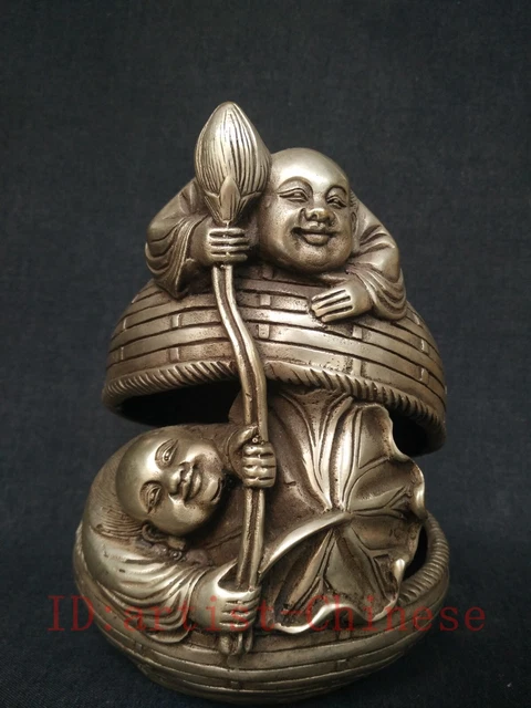 6" Old Chinese Qianlong Marked Tibet Silver Lotus leaf Lad Fairchild Statue gift
