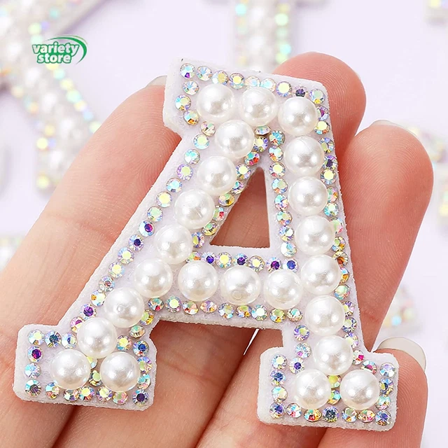 26 Piece Rhinestone Iron on Patch A-Z White Pearl Bling Rhinestone Letter