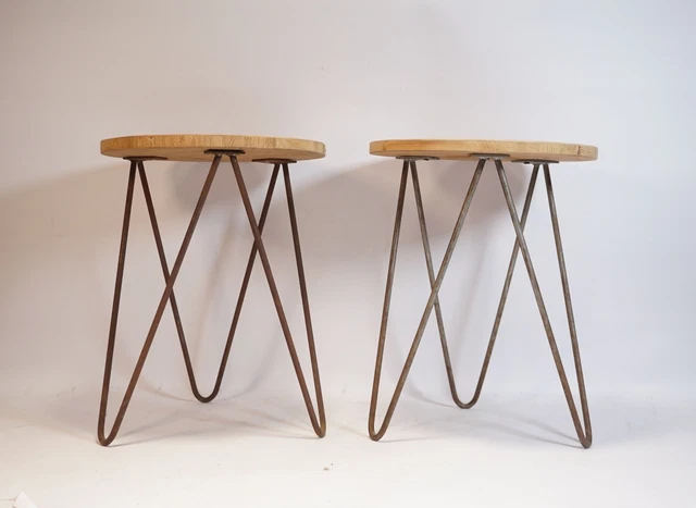 Pair True Vintage Mid Century Stool With Metal Frame And Round Seat