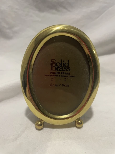 Vintage Oval Picture Frame Solid Gold Tone Brass Metal Footed Small 2 x 3 Korea