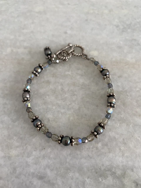 Beautiful Sterling Silver Purple Blue Peacock Pearl Crystal Beaded Bracelet