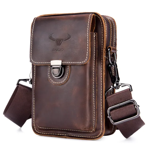 Mens Genuine Leather Messenger Bag Crossbody Travel Bag Cell Phone Waist Pack