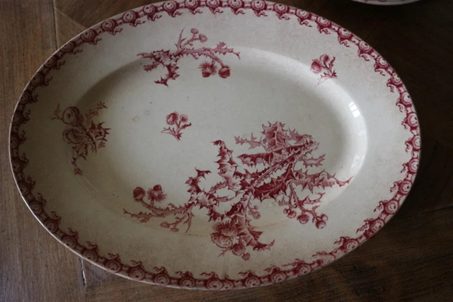 Plateau Ovale Ancien Allemand BMF Vers 1900, Porcelaine Et Argent, Guirlande De Roses