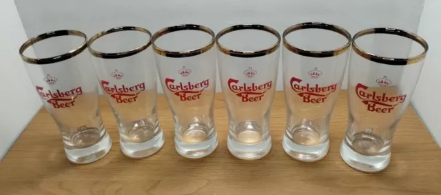 Vintage 1960's Set of 6 Carlsberg Beer 12 oz. Glasses Gold Rimmed Crown