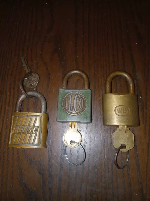 Lot 3 Vintage - Antique Brass Metal Padlocks Reese, Ilco, WB with keys