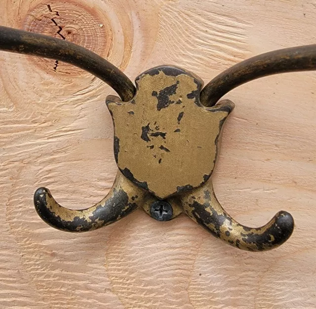 Pair Oversize Antique Vintage Brass Finish Cast Iron Coat Hooks 2 Double Hooks