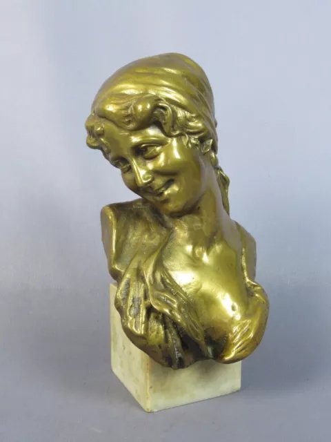 Vintage Statua Ornamentale In Ottone Figura Volto Di Donna Base In Marmo