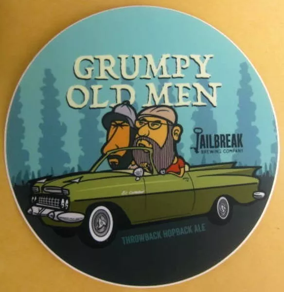 GRUMPY OLD MEN PALE ALE 4'' STICKER Label  2 MEN in CAR, Jailbreak Brwy MARYLAND