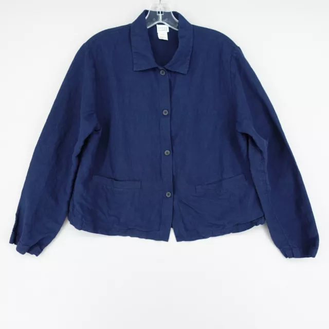 Eileen Fisher Linen Blend Shirt Jacket Small Navy Blue Long Sleeve Boxy Buttoned