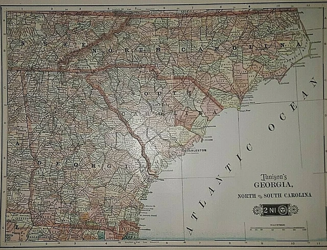 Old Vintage 1902 Tunison's Atlas Map ~ NORTH CAROLINA - SOUTH CAROLINA - GEORGIA