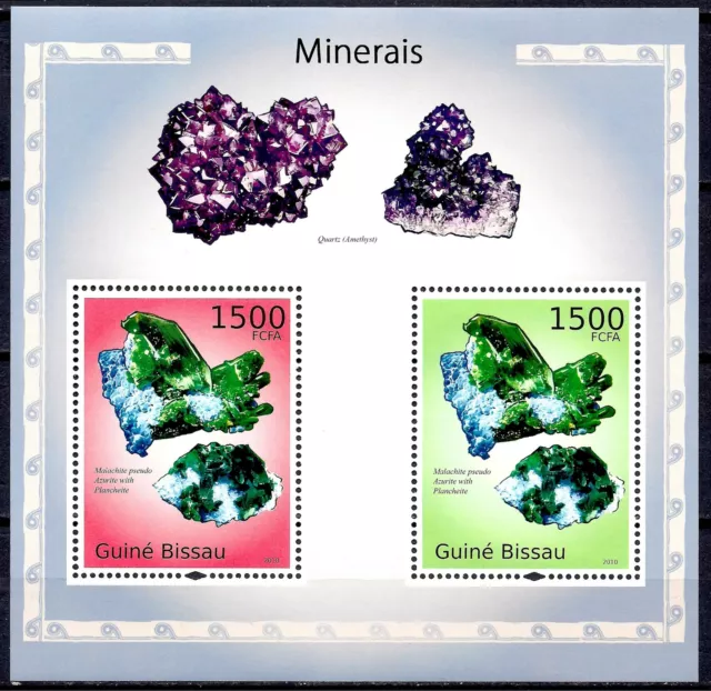 Guinea Bissau 2010 Minerals Gems Geology Quartz Azurite Mining Crystals m/s MNH