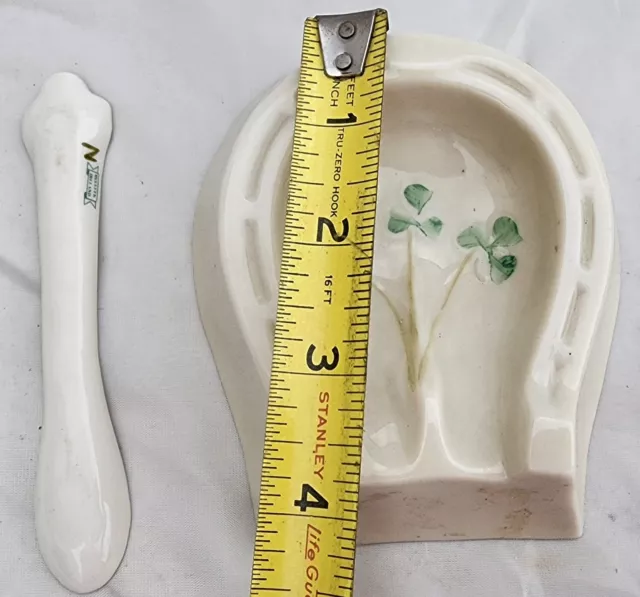 Belleek Ireland Lucky HandPainted Shamrock Horseshoe Ashtray Spoon Rest w/ Spoon 3