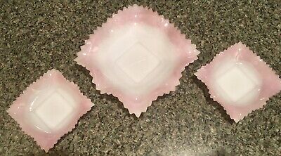 3 VTG Indiana DIAMOND POINT Pink/ white Milk Glass Ruffle Rim Nut Candy Dishes