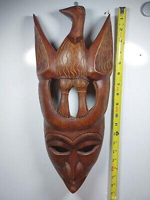 Beautiful Wooden Haiti Tribal Mask With Bird Handcrafted African Art 18 inches