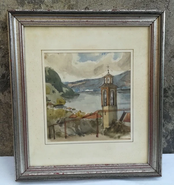 Acquerello Quadro Paesaggio Lago Con Campanile Dipinto Originale