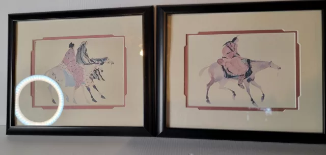 Pair Carol Grigg Watercolors Lithograph Red Crow Warrior  Fiesta Day