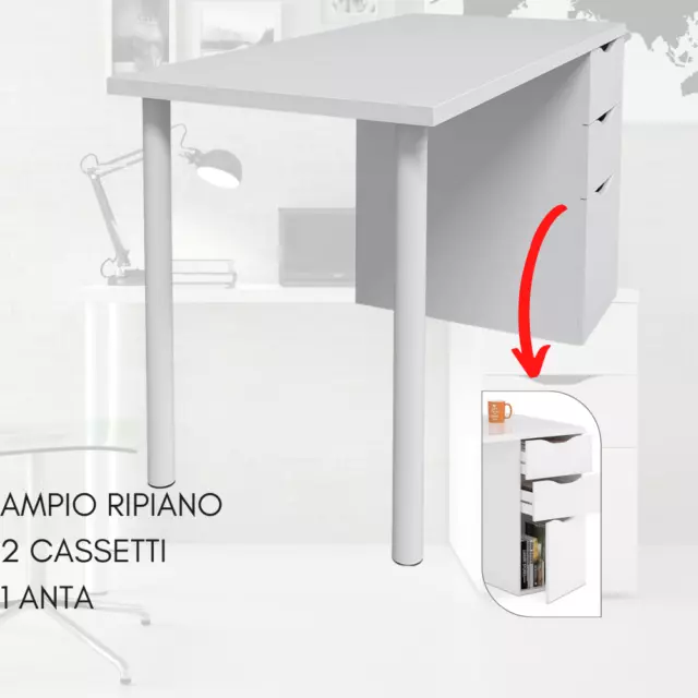 Scrivania Ufficio Moderna Porta Pc Legno Tavolo Computer 2 Cassetti+Anta Bianca 3