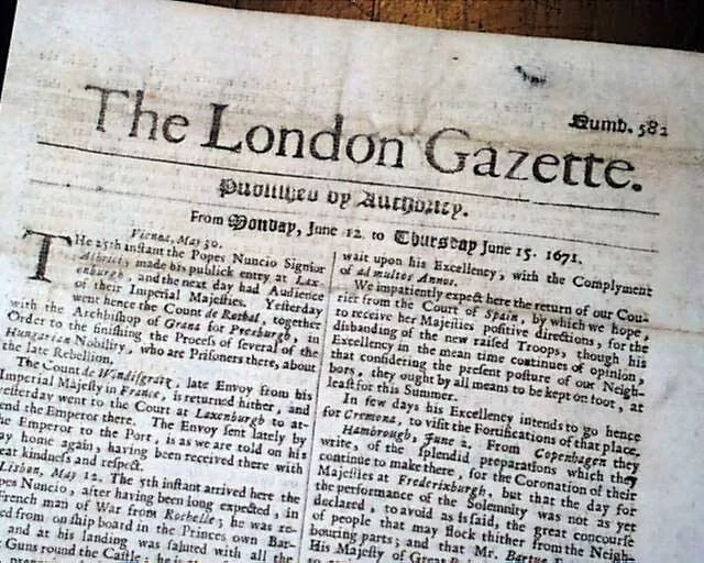 1671 Newspaper EARLY Rare 17th Century 353 Years Old LONDON GAZETTE England RARE