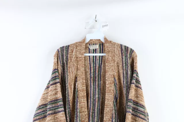 Vintage 60s 70s Boho Chic Womens Medium Rainbow Striped Knit Flared Cuff Sweater 2
